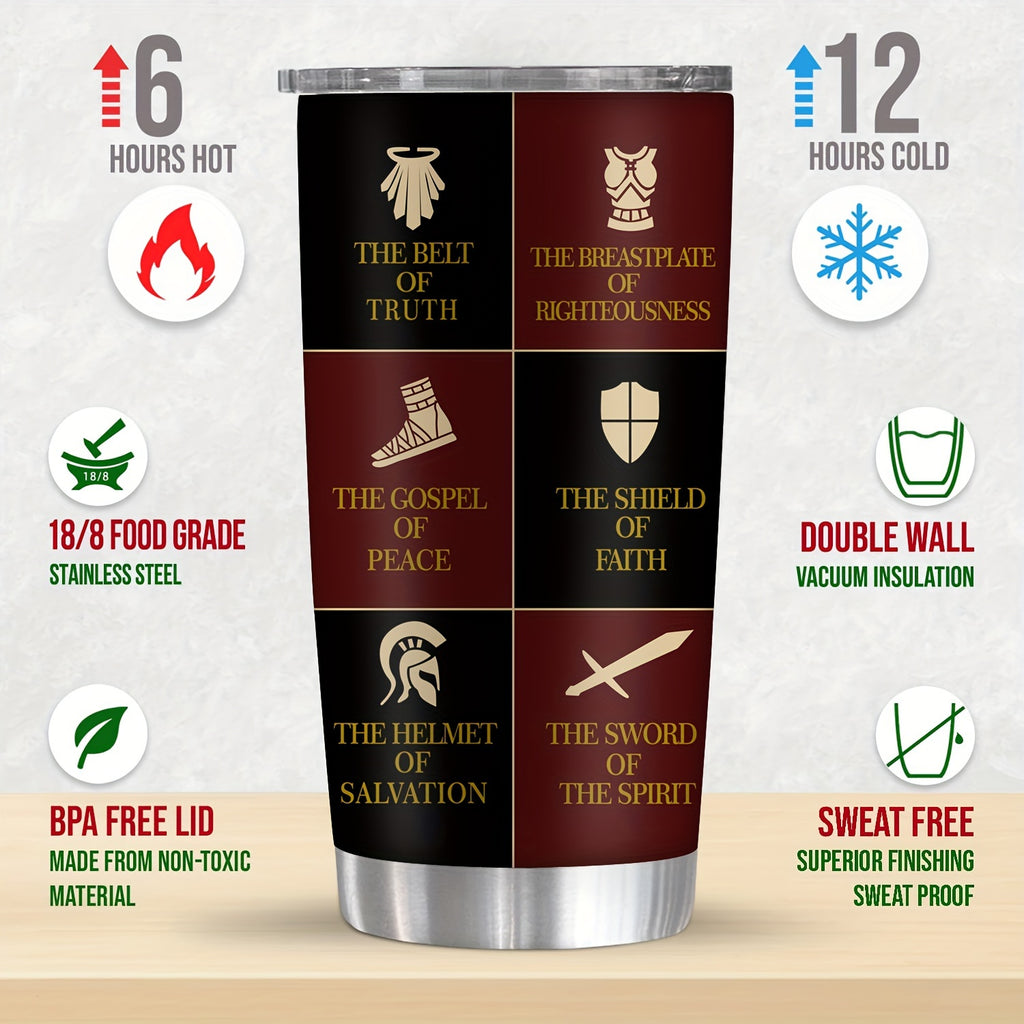 Christian Armor of God 20oz Stainless Steel Tumbler - Religious Inspirational Gift for Men and Women - Double Wall Vacuum Insulated Metal Coffee Mug with BPA-Free Lid for Fathers Day, Birthdays, Seasonal Decor Without Feather