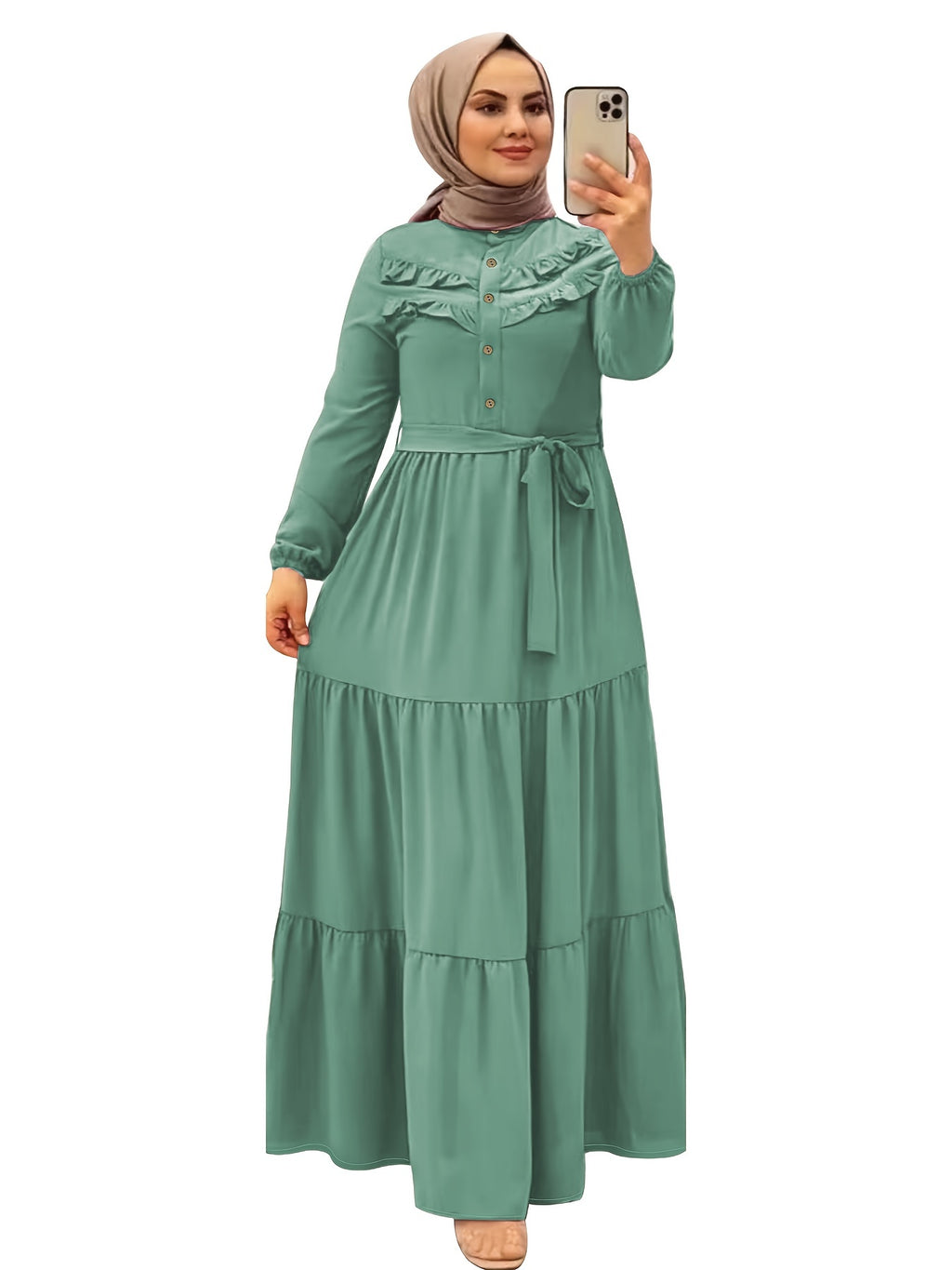 Elegant Light Green Maxi Dress for Muslim Women - Casual Solid Color with Ruffle Hem & Button Detail, Polyester Blend, Machine Washable - Hijab Not Included