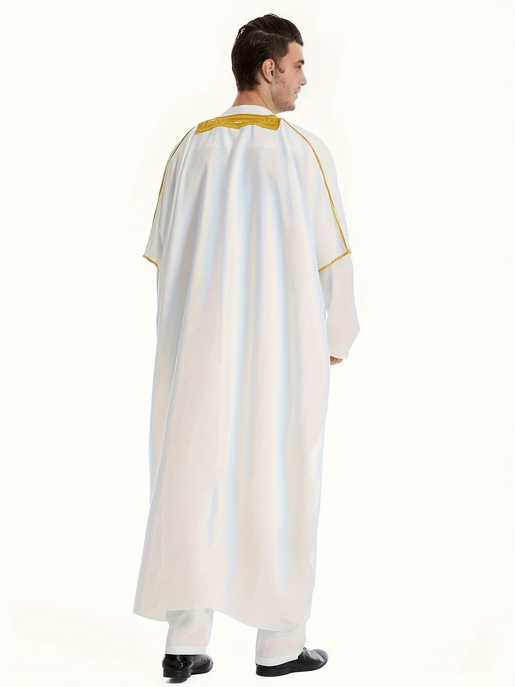 Men's Muslim Ethnic Style Golden Stripe Pattern Long Sleeve Scholar Robe With Open Placket, Suitable For Height Between 168 To 72.83 Inch, Chic And Stylish For Formal Occasions