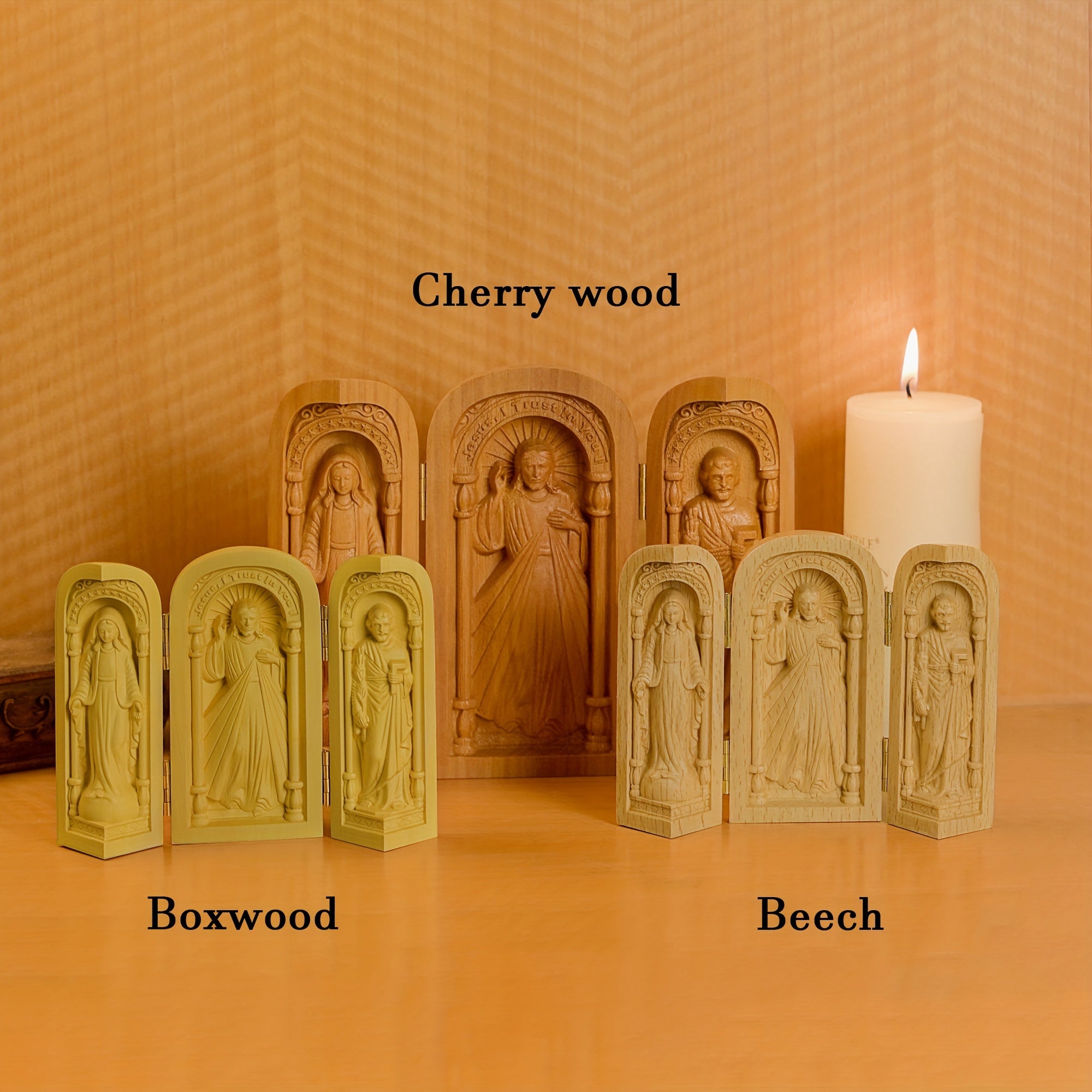 1pc Hand-Carved Wooden Church - Mini Christian Triptych Altar with Jesus, and Virgin Mary Figurines, Decorative Religious Collectible for Indoor & Outdoor, Ideal for Christmas and Easter Decorations, No Electricity Required