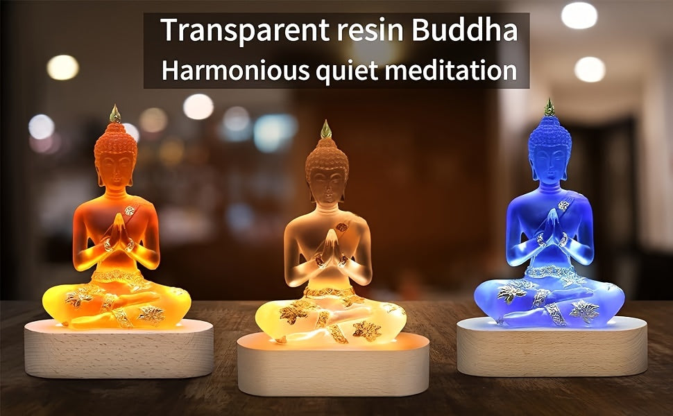 Buddha Statue with LED Light Base, 7'' Seated Small Figurine Collectibles Meditation Decor, Transparent Sculpture Ornaments for Spiritual Living Room, Yoga Zen, Home Decoration