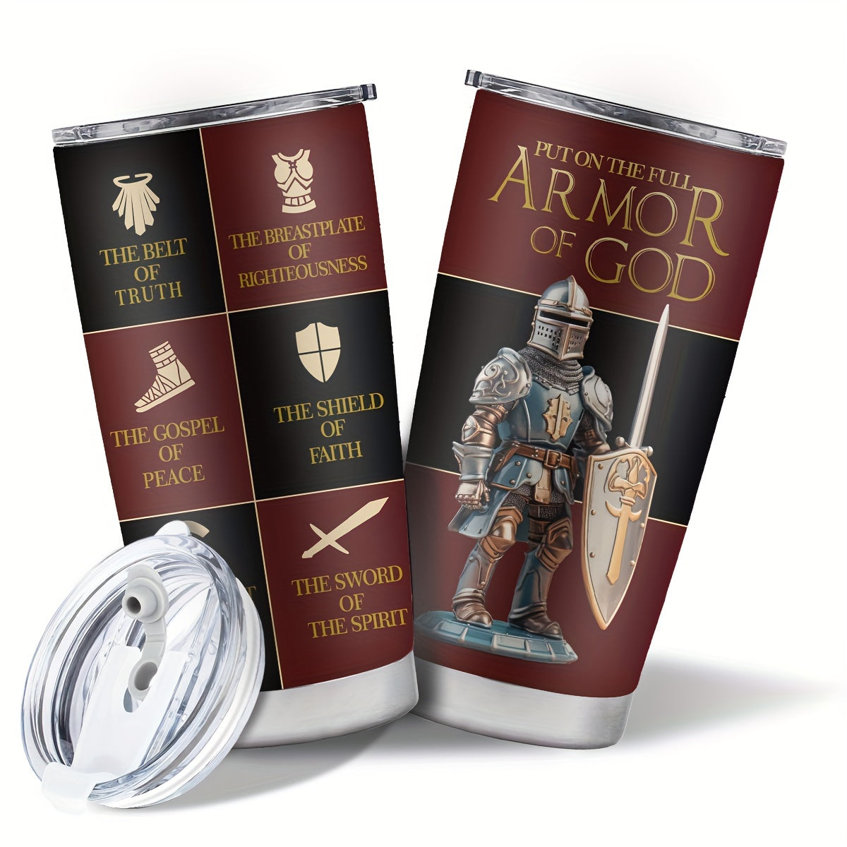 Christian Armor of God 20oz Stainless Steel Tumbler - Religious Inspirational Gift for Men and Women - Double Wall Vacuum Insulated Metal Coffee Mug with BPA-Free Lid for Fathers Day, Birthdays, Seasonal Decor Without Feather