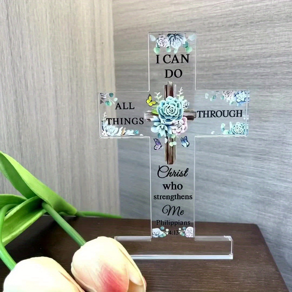 Inspirational Acrylic Christian Standing Cross - Beautiful Style with Bible Verse and Prayers - Sunflower Religious Scripture Gifts for Women, Men, Friends, Mom, Wife, Sister, Colleague