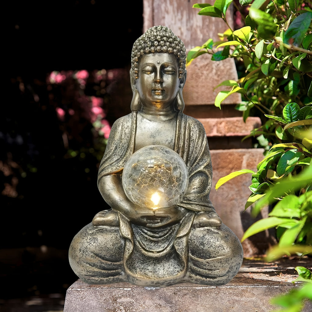 1pc Solar-Powered Buddha Statue with LED Light, Resin Garden Sculpture, Outdoor Balcony Yard Decor, Rustic Artistic Buddhism Figurine, Automatic Illumination At Dusk, for Yard Lawn Home Decor, Housewarming Gift,  Level IP44