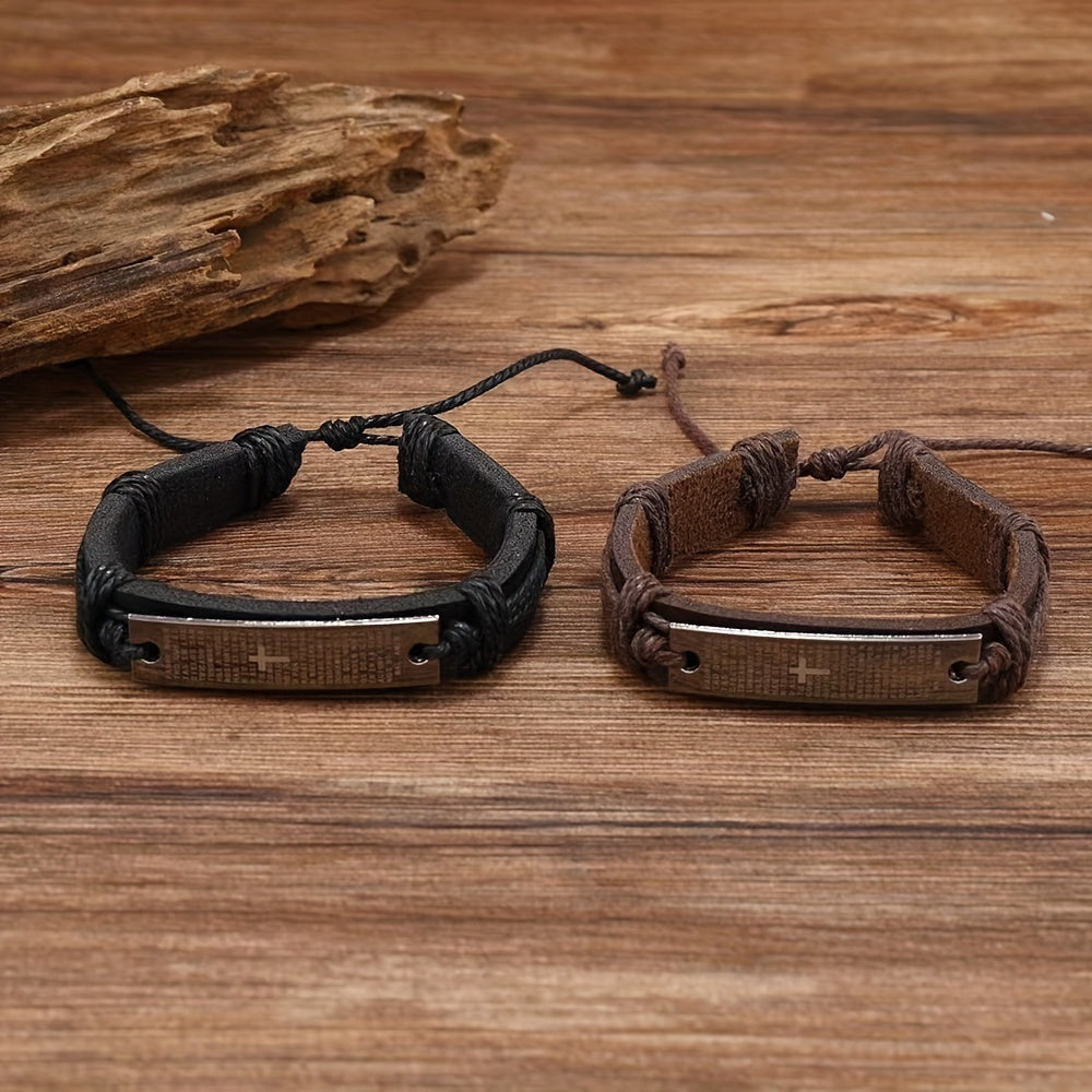 Cross Charm PU Leather Bracelets for Men, Adjustable Handmade Braided Wristband Set with Stainless Steel Plate, Religious Christian Jewelry - 1 Piece Set