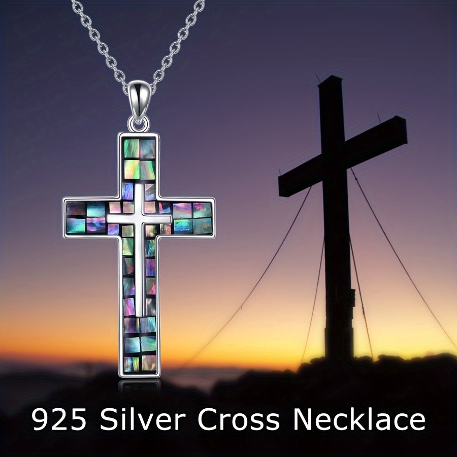 [Sterling Silver Abalone Shell Cross] Hypoallergenic Sterling Silver Cross Necklace - Abalone Shell Pendant, Religious Christian Jewelry Gift for Men and Women, YFN