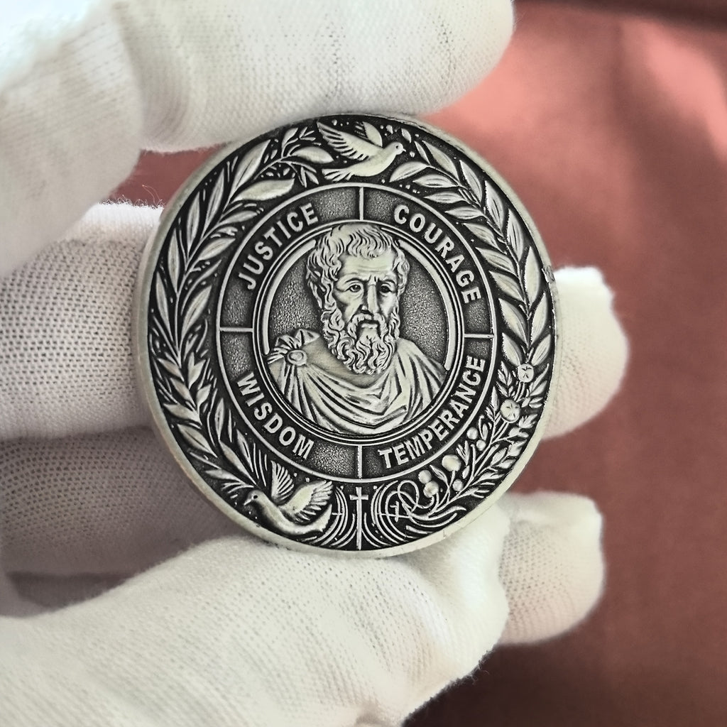 The Four Cardinal Virtues Stoic Coin: Emblem of Christian Ethical Principles - Inspirational Daily Reminder for Stoicism Enthusiasts and Thoughtful Gifts