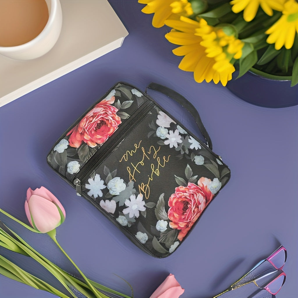 Floral Polyester Bible Cover with Handle, Carrying Organizer Bag, Christian Study Bible Case with Pockets and Bookmark - Protective Scripture Tote for Girls and Women