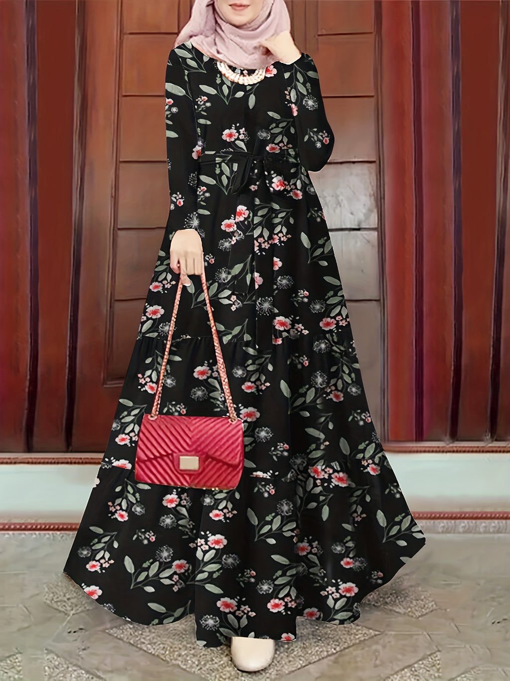 2023 New Women's Elegant Middle Eastern Abaya - Black Floral Print with Red Flowers, Long Sleeve Lace-Up Modest Dress, Machine Washable for Spring Summer Fall, Abaya Dress Fancy, Comfortable Modestwear, No Stretch Fabric, Mus