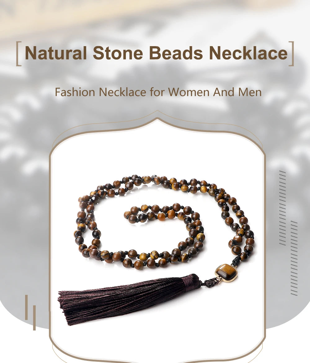 Mala 108 Beads Prayer Necklace 6mm Natural Tiger Eye Onyx Stone Necklaces Tassel Pendant Square Accessories Meditation Jewelry