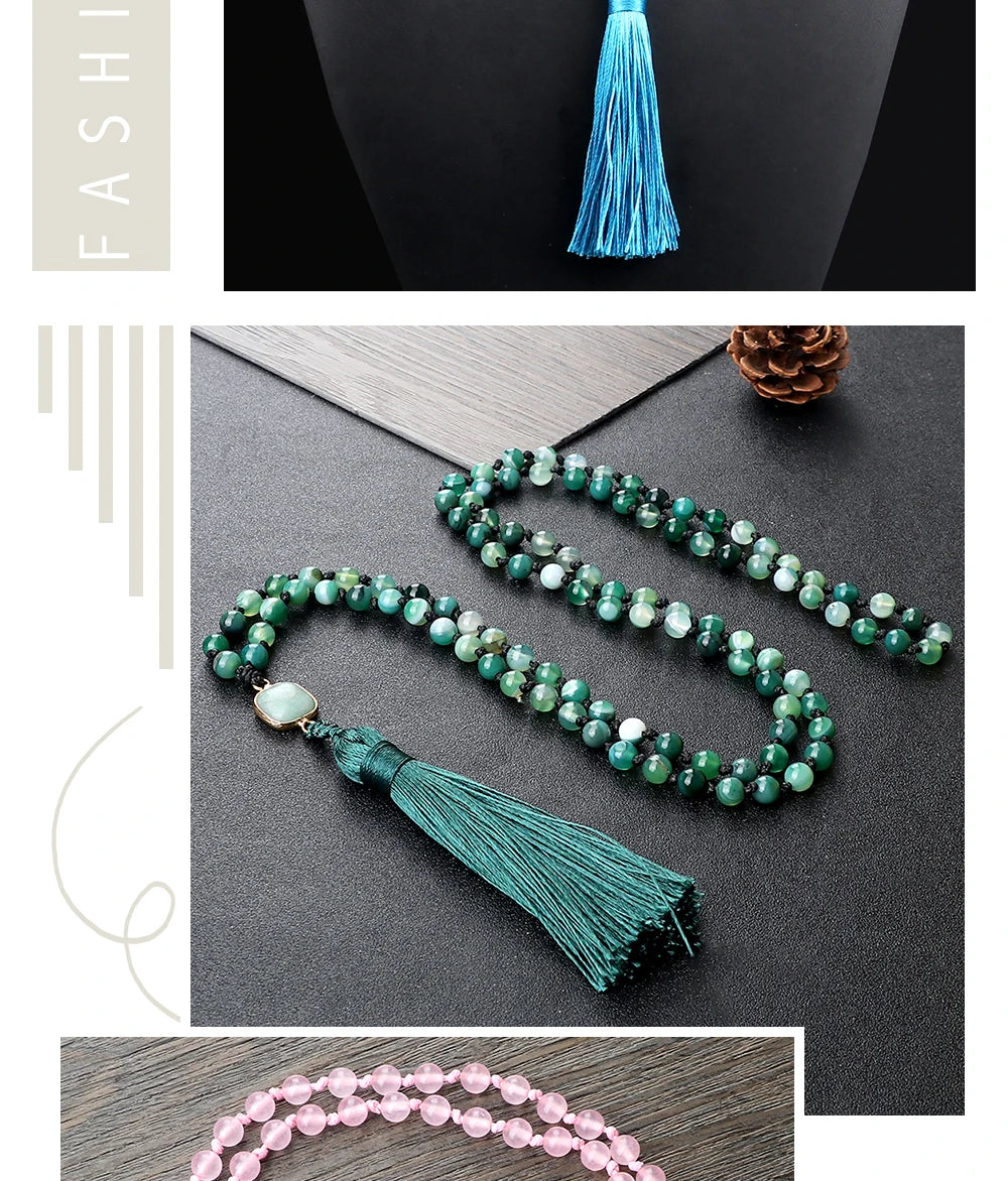 Mala 108 Beads Prayer Necklace 6mm Natural Tiger Eye Onyx Stone Necklaces Tassel Pendant Square Accessories Meditation Jewelry