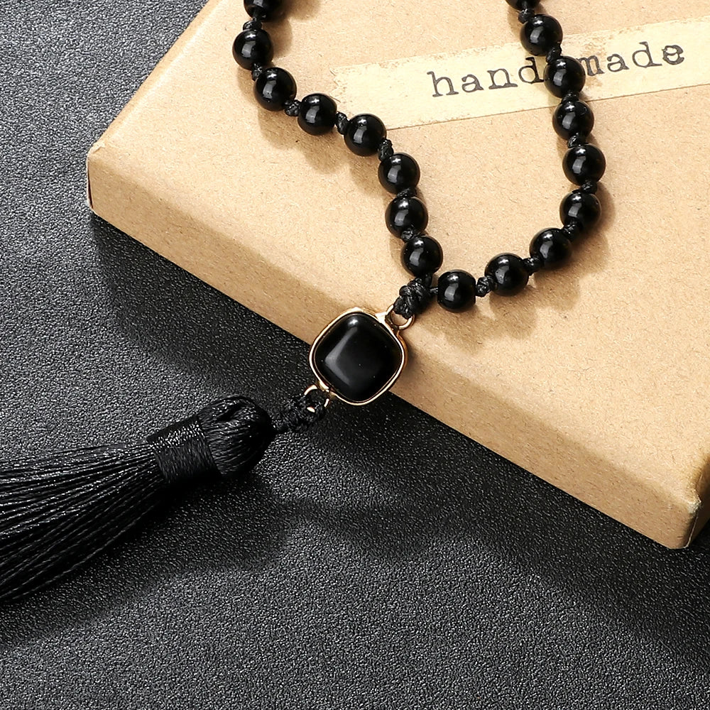 Mala 108 Beads Prayer Necklace 6mm Natural Tiger Eye Onyx Stone Necklaces Tassel Pendant Square Accessories Meditation Jewelry