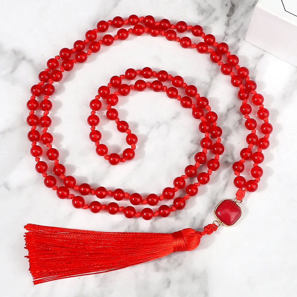 Mala 108 Beads Prayer Necklace 6mm Natural Tiger Eye Onyx Stone Necklaces Tassel Pendant Square Accessories Meditation Jewelry
