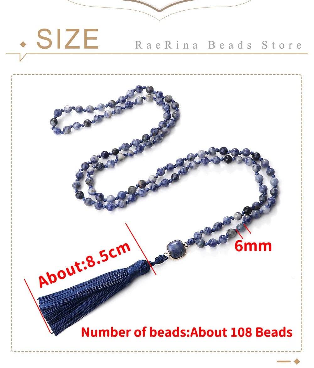 Mala 108 Beads Prayer Necklace 6mm Natural Tiger Eye Onyx Stone Necklaces Tassel Pendant Square Accessories Meditation Jewelry