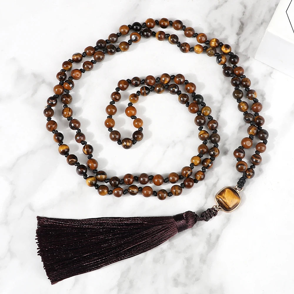 Mala 108 Beads Prayer Necklace 6mm Natural Tiger Eye Onyx Stone Necklaces Tassel Pendant Square Accessories Meditation Jewelry