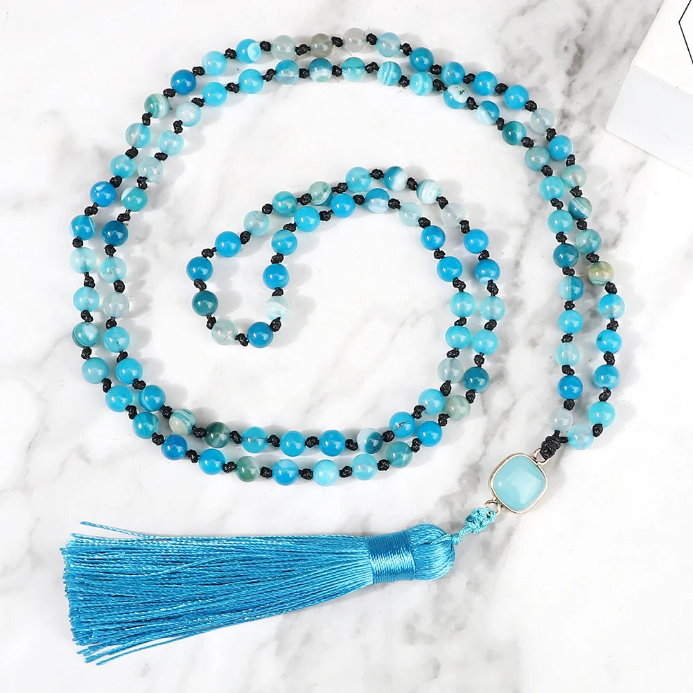 Mala 108 Beads Prayer Necklace 6mm Natural Tiger Eye Onyx Stone Necklaces Tassel Pendant Square Accessories Meditation Jewelry