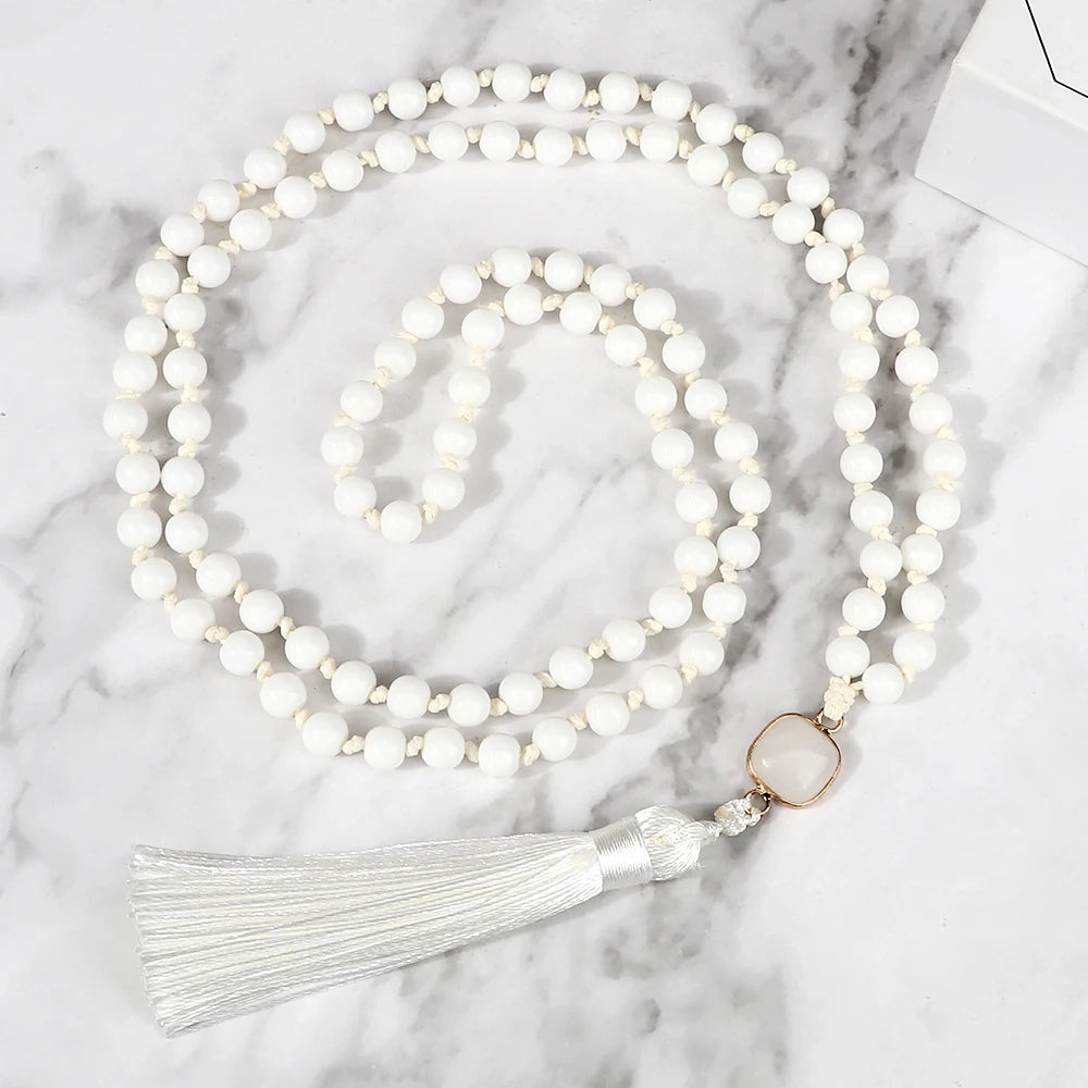 Mala 108 Beads Prayer Necklace 6mm Natural Tiger Eye Onyx Stone Necklaces Tassel Pendant Square Accessories Meditation Jewelry