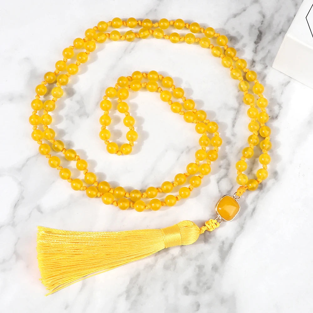 Mala 108 Beads Prayer Necklace 6mm Natural Tiger Eye Onyx Stone Necklaces Tassel Pendant Square Accessories Meditation Jewelry