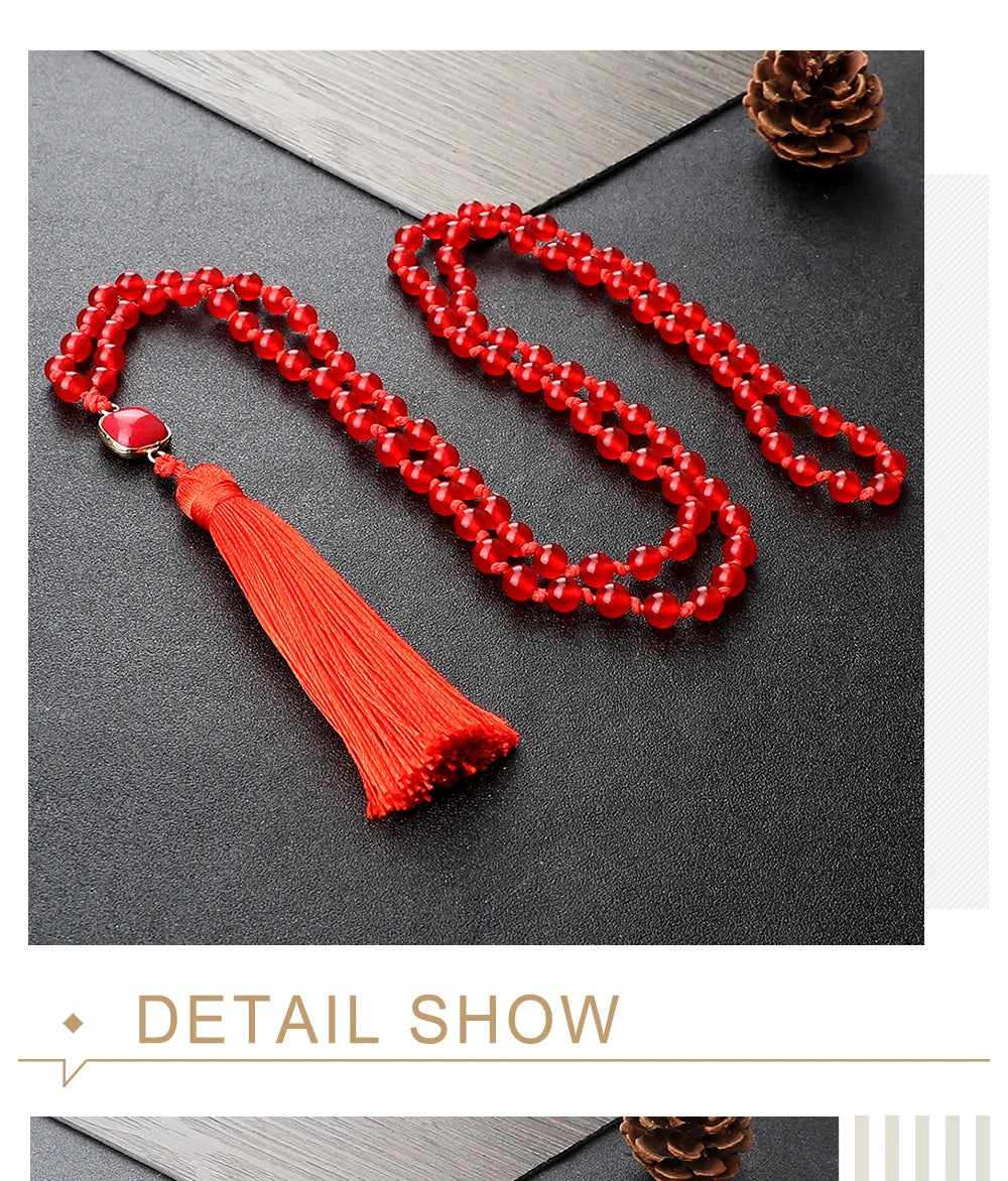 Mala 108 Beads Prayer Necklace 6mm Natural Tiger Eye Onyx Stone Necklaces Tassel Pendant Square Accessories Meditation Jewelry