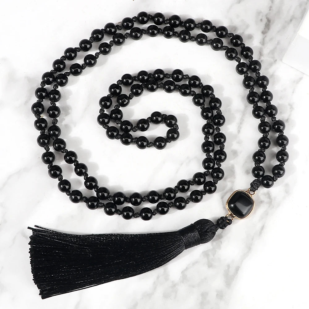Mala 108 Beads Prayer Necklace 6mm Natural Tiger Eye Onyx Stone Necklaces Tassel Pendant Square Accessories Meditation Jewelry