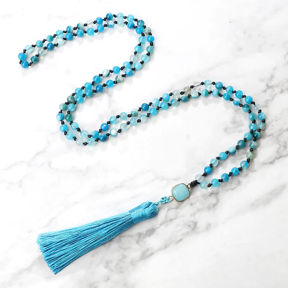 Mala 108 Beads Prayer Necklace 6mm Natural Tiger Eye Onyx Stone Necklaces Tassel Pendant Square Accessories Meditation Jewelry