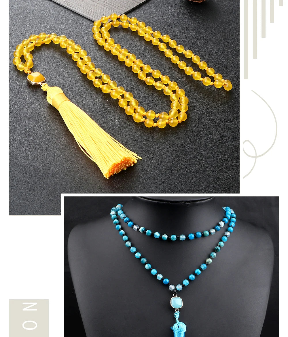 Mala 108 Beads Prayer Necklace 6mm Natural Tiger Eye Onyx Stone Necklaces Tassel Pendant Square Accessories Meditation Jewelry