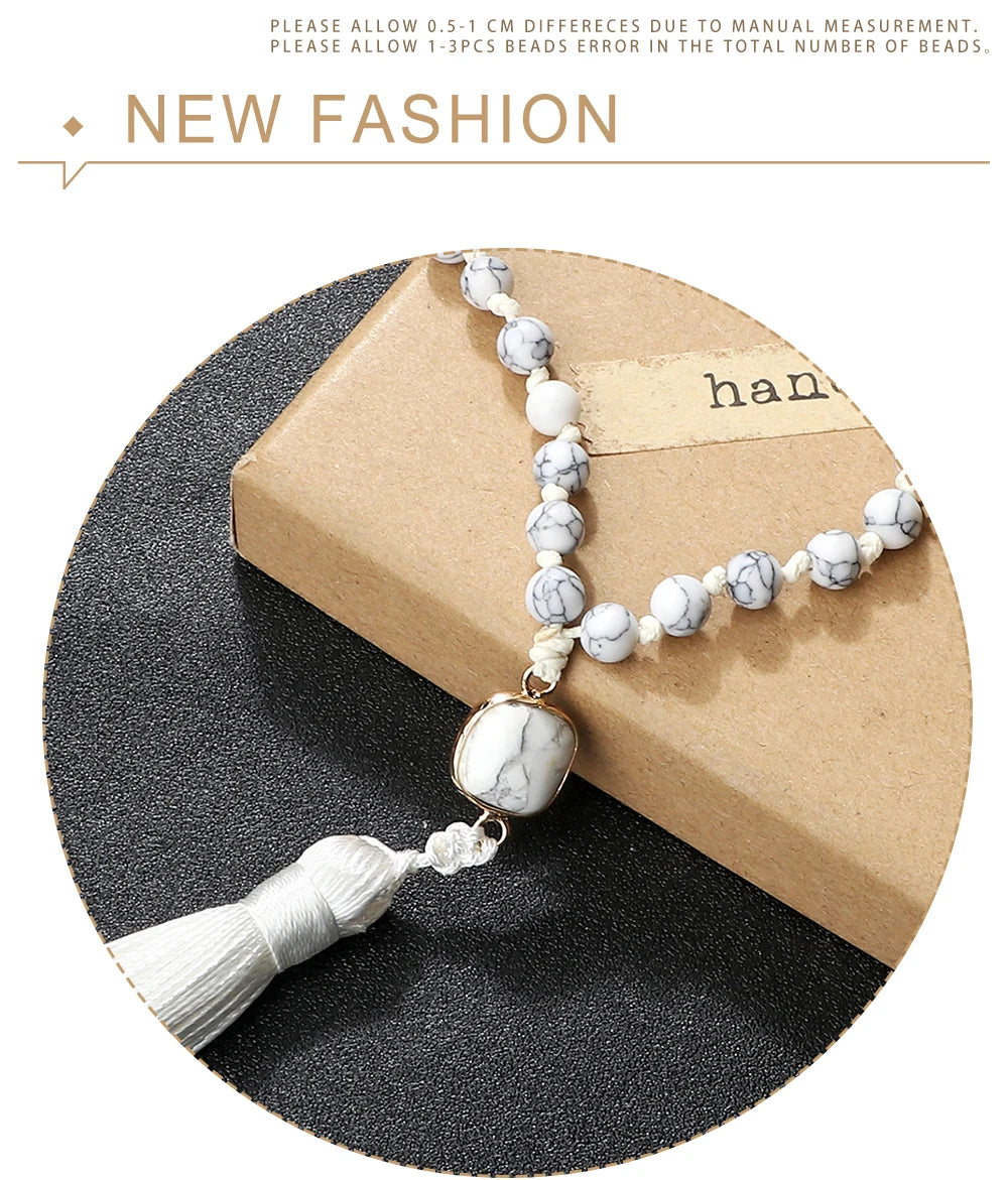 Mala 108 Beads Prayer Necklace 6mm Natural Tiger Eye Onyx Stone Necklaces Tassel Pendant Square Accessories Meditation Jewelry