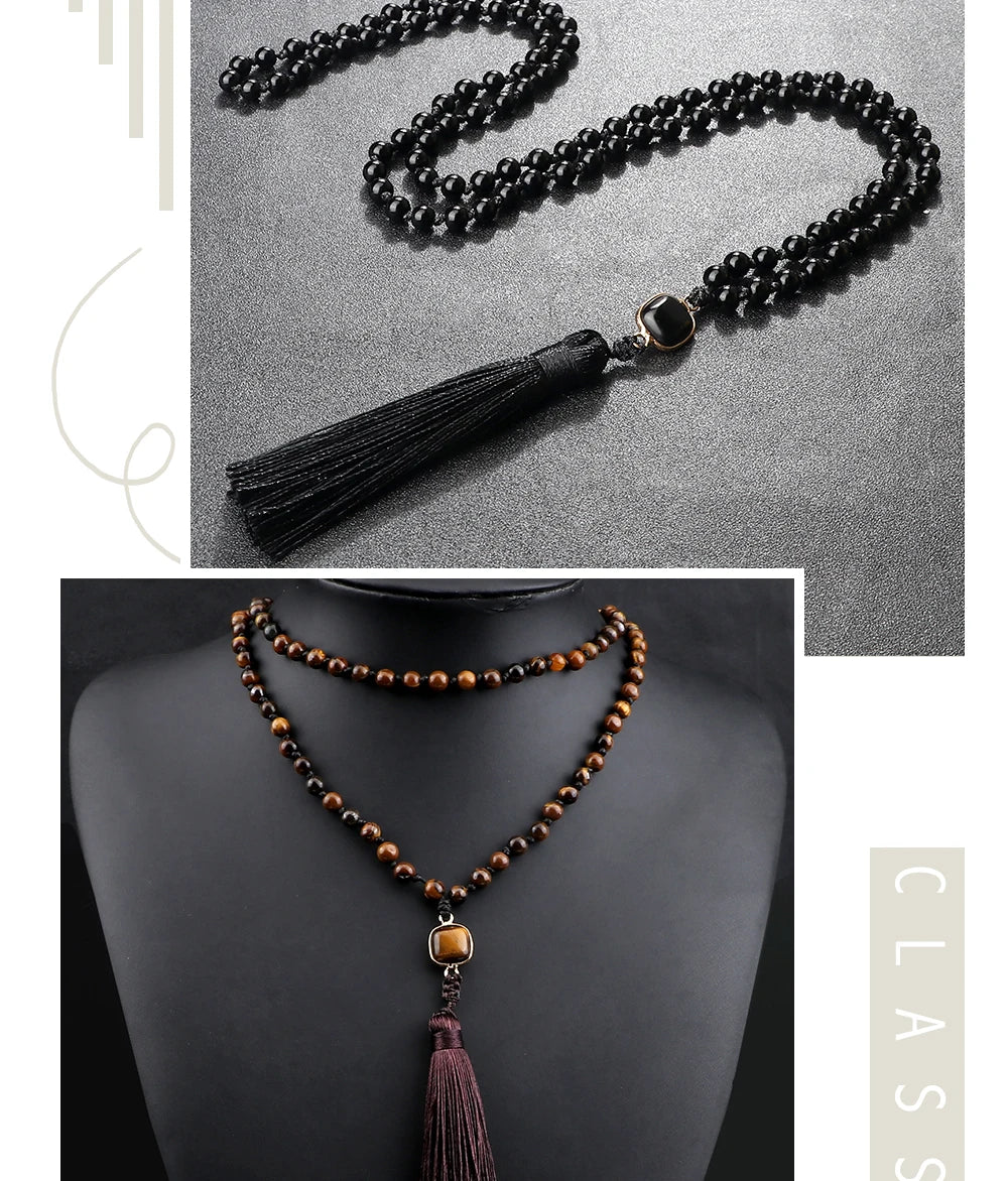 Mala 108 Beads Prayer Necklace 6mm Natural Tiger Eye Onyx Stone Necklaces Tassel Pendant Square Accessories Meditation Jewelry