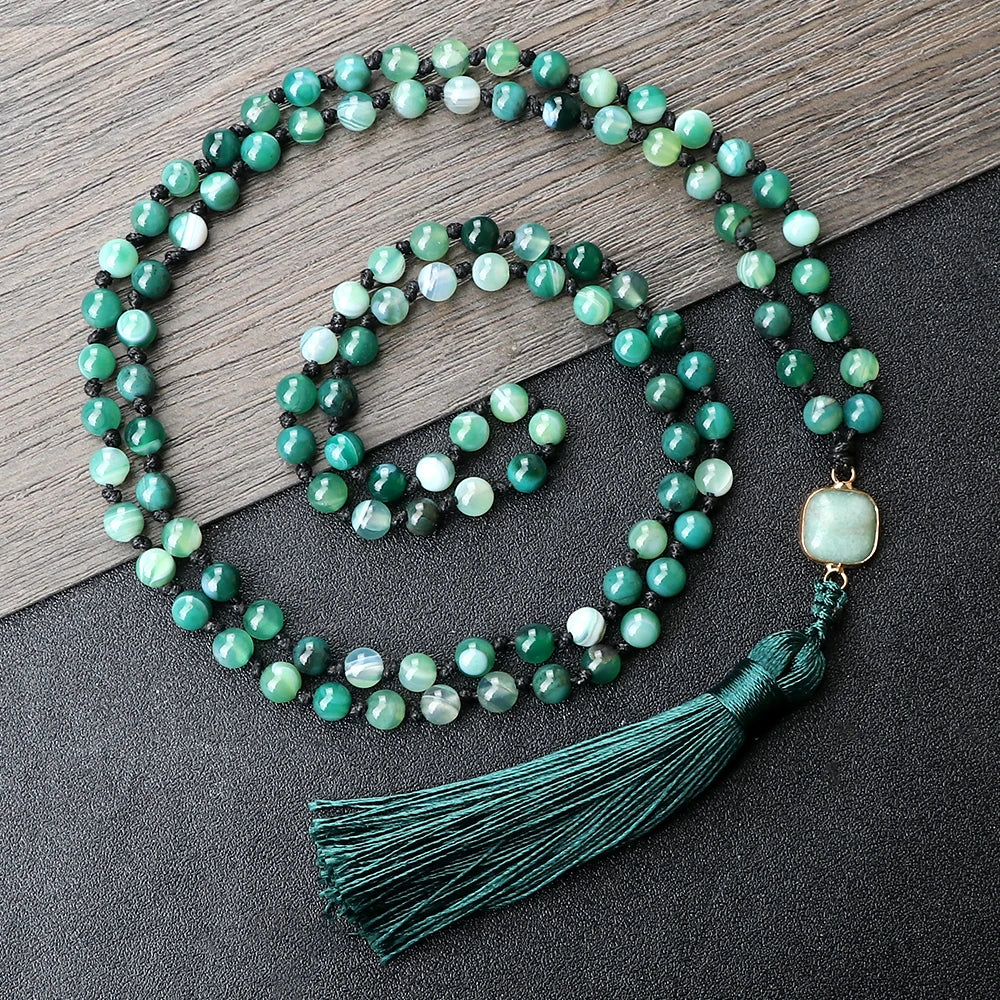 Mala 108 Beads Prayer Necklace 6mm Natural Tiger Eye Onyx Stone Necklaces Tassel Pendant Square Accessories Meditation Jewelry