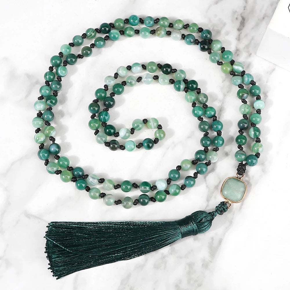 Mala 108 Beads Prayer Necklace 6mm Natural Tiger Eye Onyx Stone Necklaces Tassel Pendant Square Accessories Meditation Jewelry