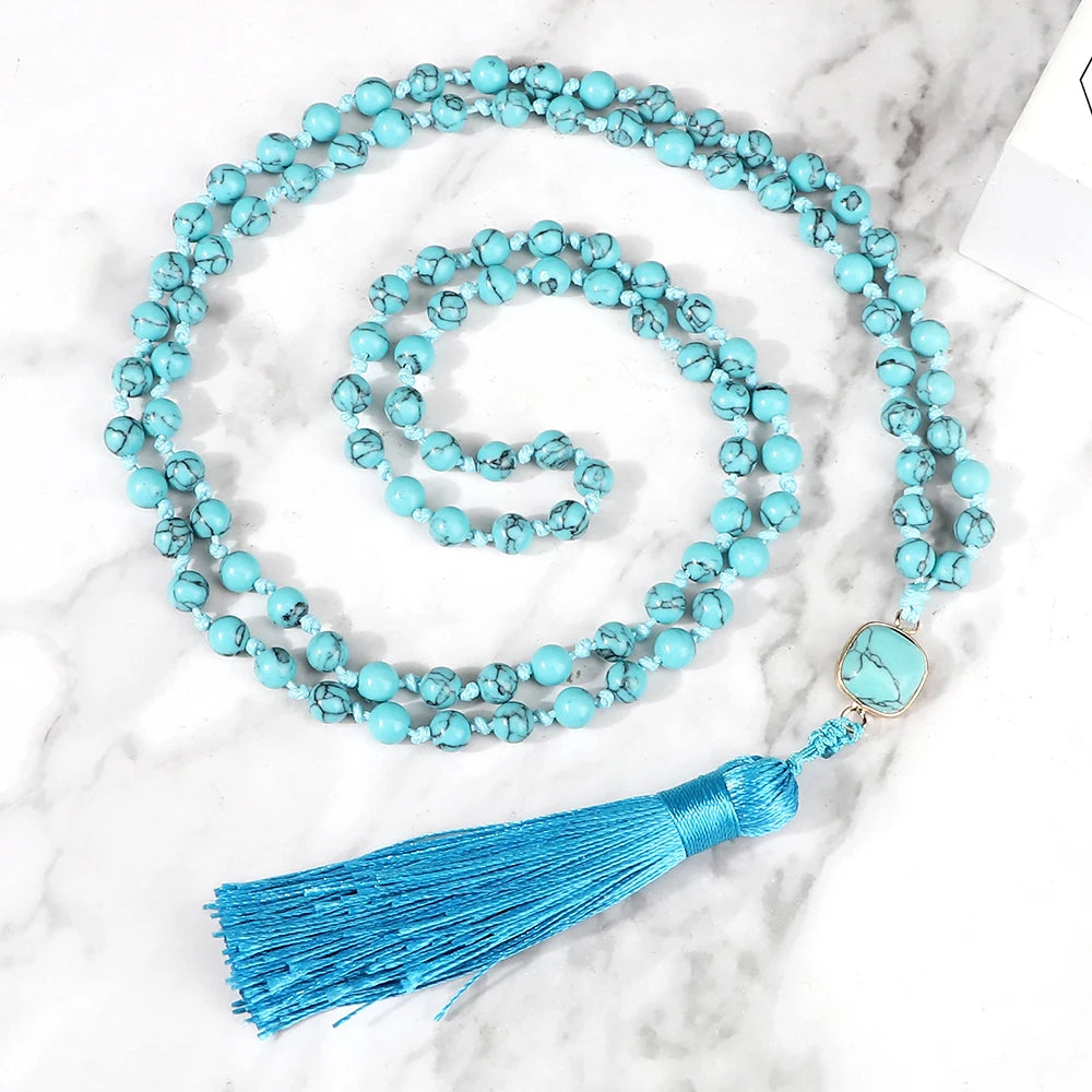 Mala 108 Beads Prayer Necklace 6mm Natural Tiger Eye Onyx Stone Necklaces Tassel Pendant Square Accessories Meditation Jewelry