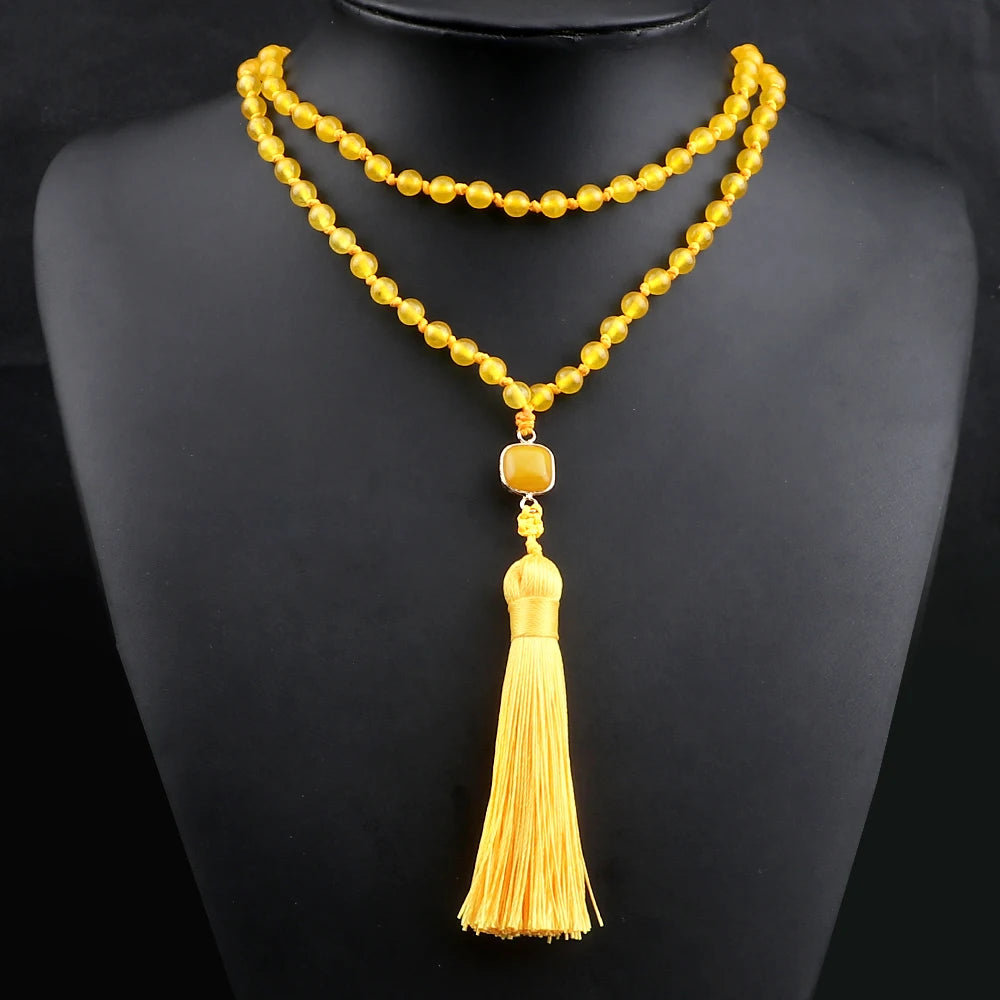 Mala 108 Beads Prayer Necklace 6mm Natural Tiger Eye Onyx Stone Necklaces Tassel Pendant Square Accessories Meditation Jewelry