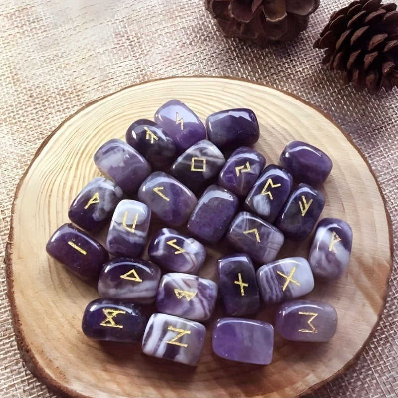 A Nordic Rune Set Featuring Crystal Rune Stones, Including 25 Rune Stones, a Pendant, And a Carved Wooden Board. Elegant And Exquisite