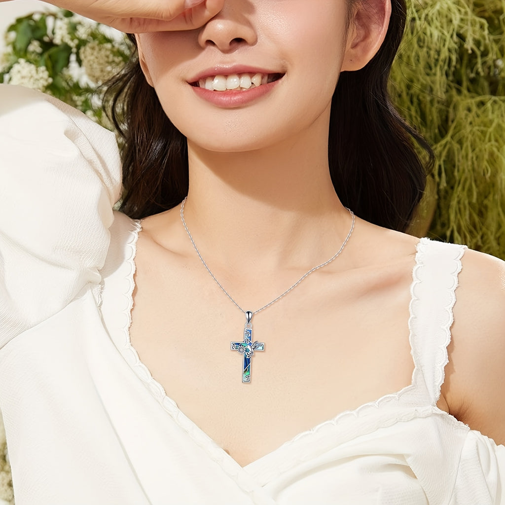 YFN Sunflower Cross Necklace Sterling Silver Hummingbird Cross Pendant Abalone Shell Jewelry Religious Christian Baptism Gifts for Her Women
