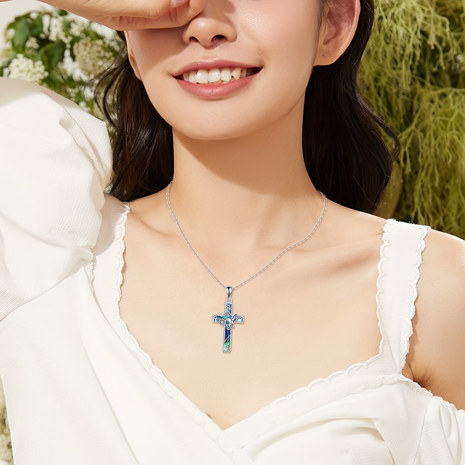 YFN Sunflower Cross Necklace Sterling Silver Hummingbird Cross Pendant Abalone Shell Jewelry Religious Christian Baptism Gifts for Her Women