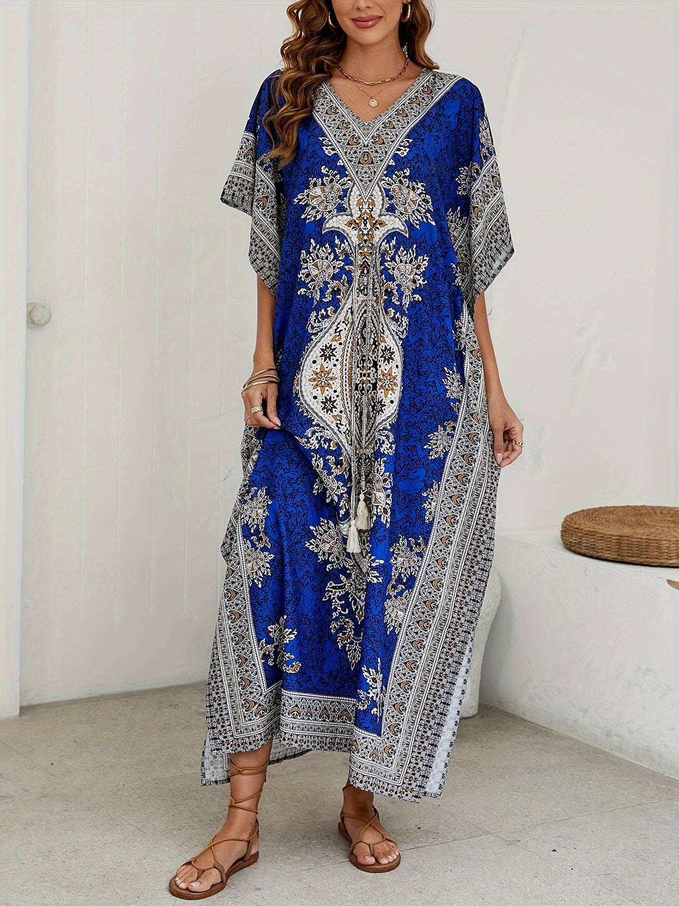 Women's Middle Eastern Muslim Abaya, Loose V-Neck Beach Bohemian Party Dress