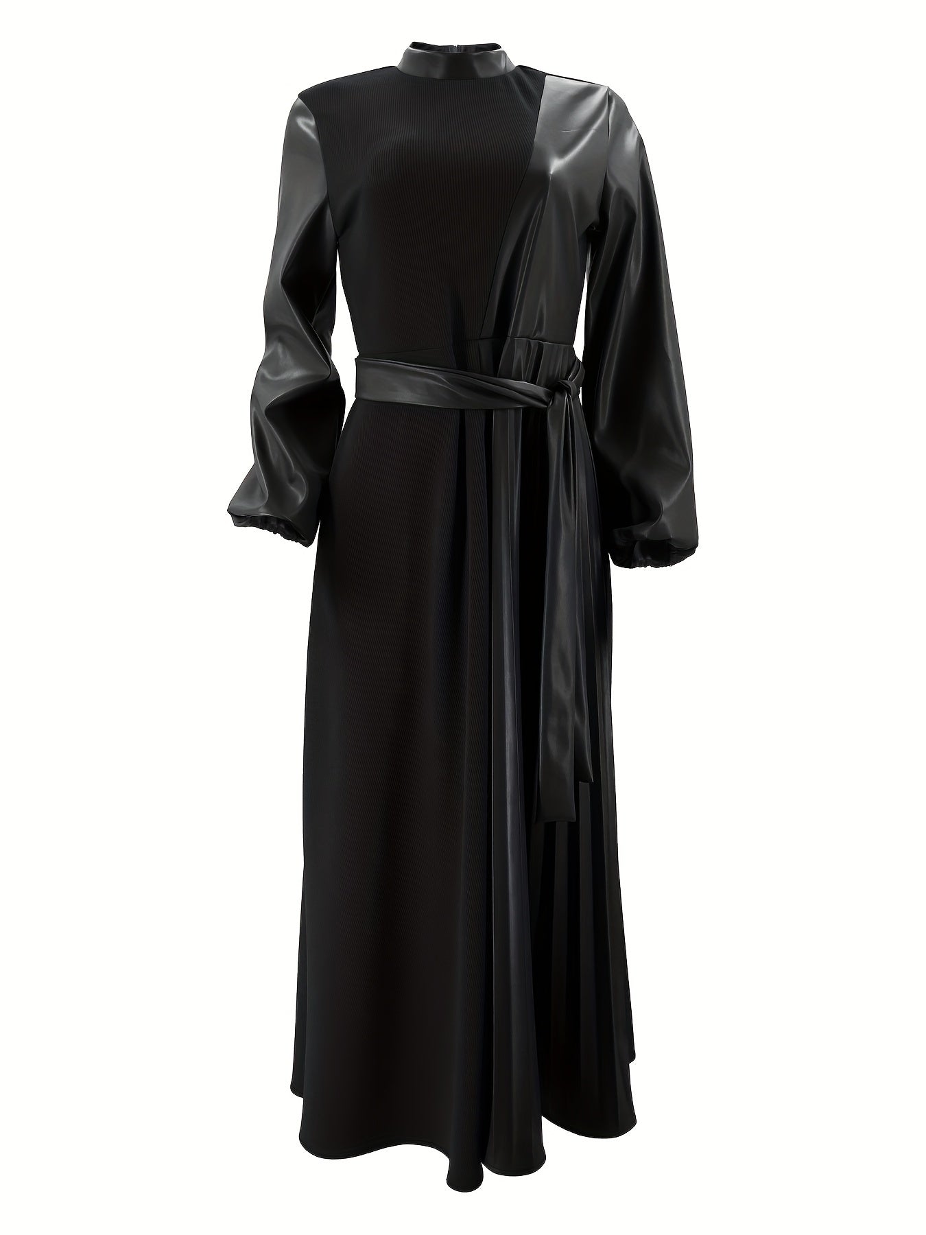 Elegant Pleated Long Dress for Women - Solid Color, Belted Waist, Casual Style, Machine Washable - Perfect for All Seasons, Middle Eastern, Muslim, Patchwork