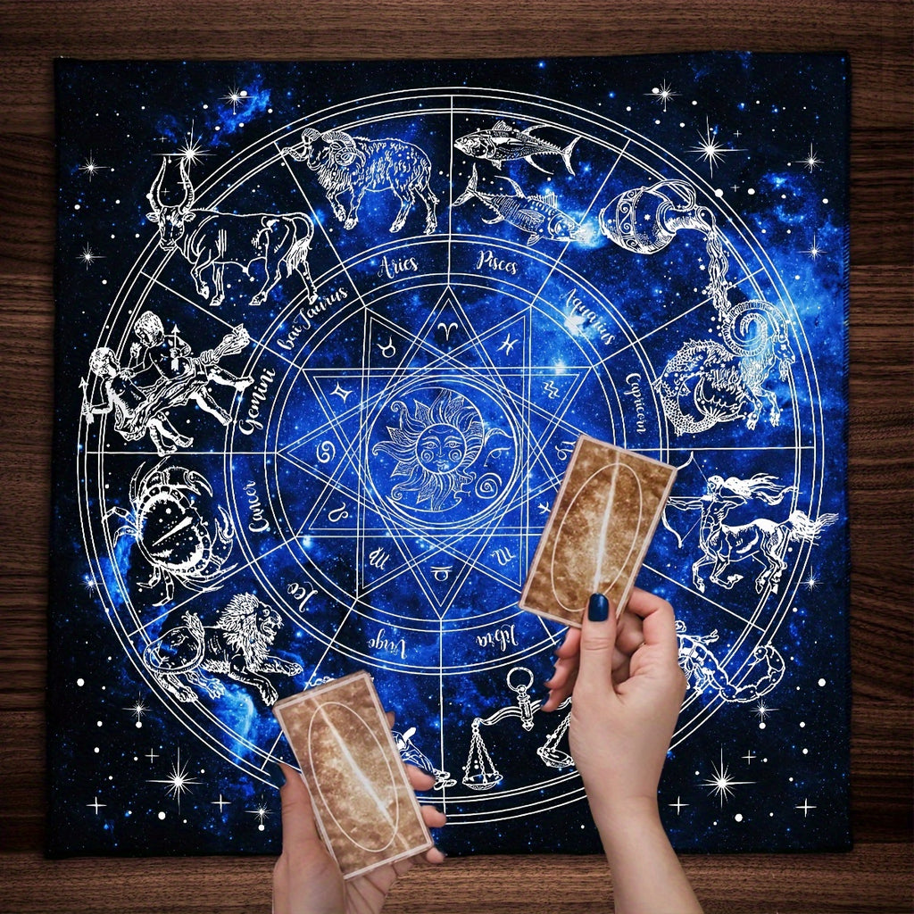 Astrology Themed Polyester Tarot Card Tablecloth, 12 Constellations Starry Sky Design, Witchcraft Oracle Cards Pad for Reading, Room Decor, Fits Various Holidays & Occasions, Non-Electric, Featherless