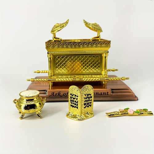 4-Piece Traditional Metal Ark of the Covenant Set - Home Decor Replicas, Jewish Religious Statues, Golden Jars, Aaron's Rod, Mana Pot, Rattan Staff - Suitable for Easter, Halloween, Hanukkah, Independence Day, Universal Holid