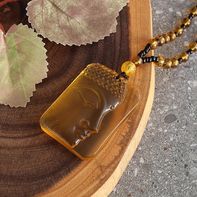 Buddha Pendant Frosted Yellow Beaded Necklace Exorcist Amulet Jewelry Gift Men Women