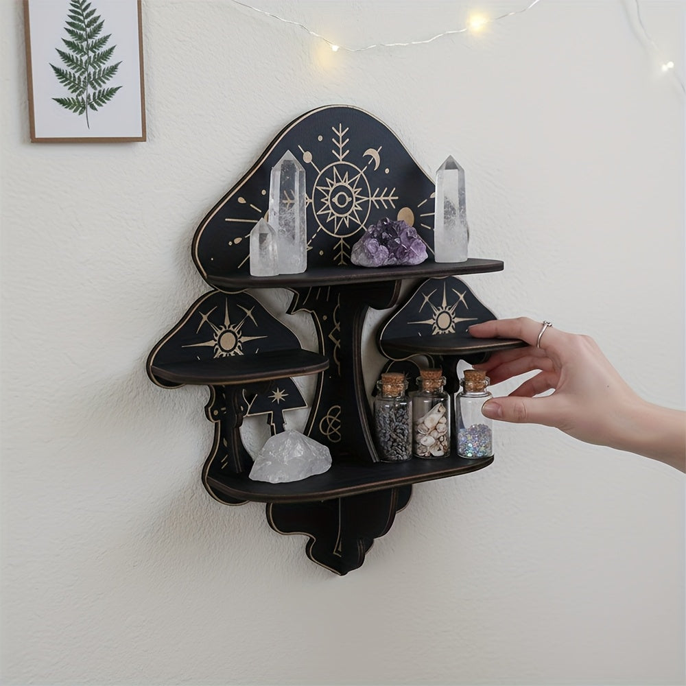 Wooden Mushroom Floating Shelves, Crystal Display Shelf for Wall, Wiccan Incantation Mushroom Wall Decor,  Gem Stone Storage Organizer, Essential Oil Holder Hanging Case, Meditation Art Spiritual Gift