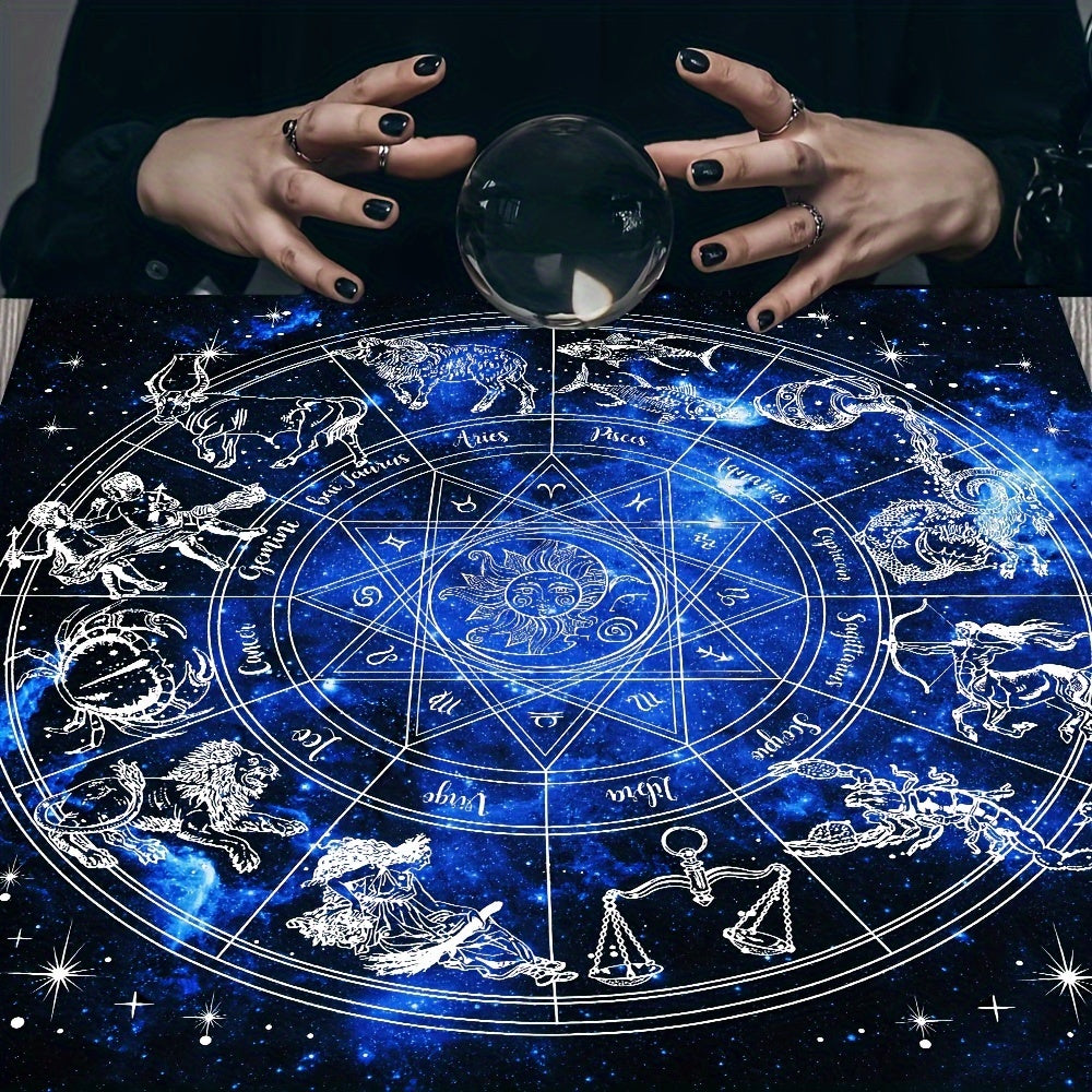 Astrology Themed Polyester Tarot Card Tablecloth, 12 Constellations Starry Sky Design, Witchcraft Oracle Cards Pad for Reading, Room Decor, Fits Various Holidays & Occasions, Non-Electric, Featherless
