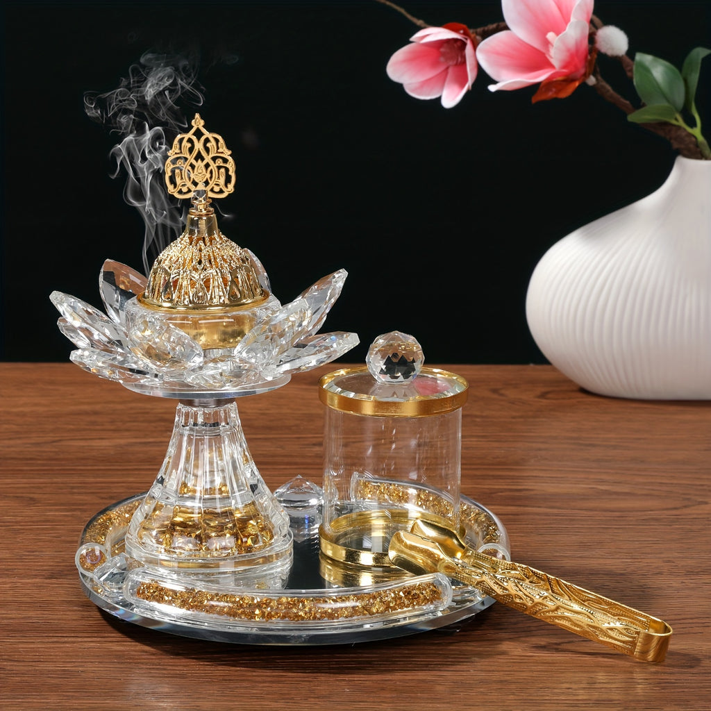 [Home Wedding Ramadan] 4pcs Crystal for Lotus Glass Incense Holder Set, Luxury Diamond Muslim Censers Sticks Hold for Home Wedding Ramadan Decoration, 2024