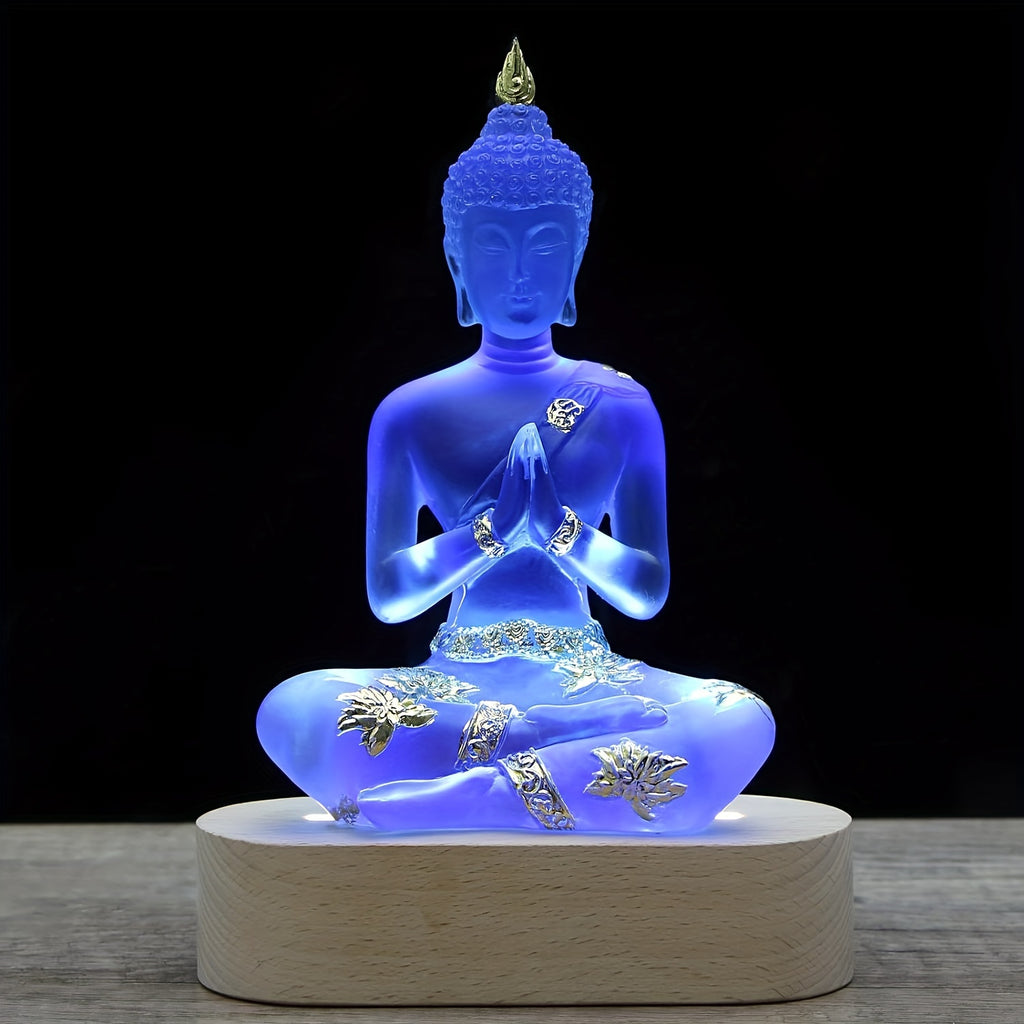 Buddha Statue with LED Light Base, 7'' Seated Small Figurine Collectibles Meditation Decor, Transparent Sculpture Ornaments for Spiritual Living Room, Yoga Zen, Home Decoration