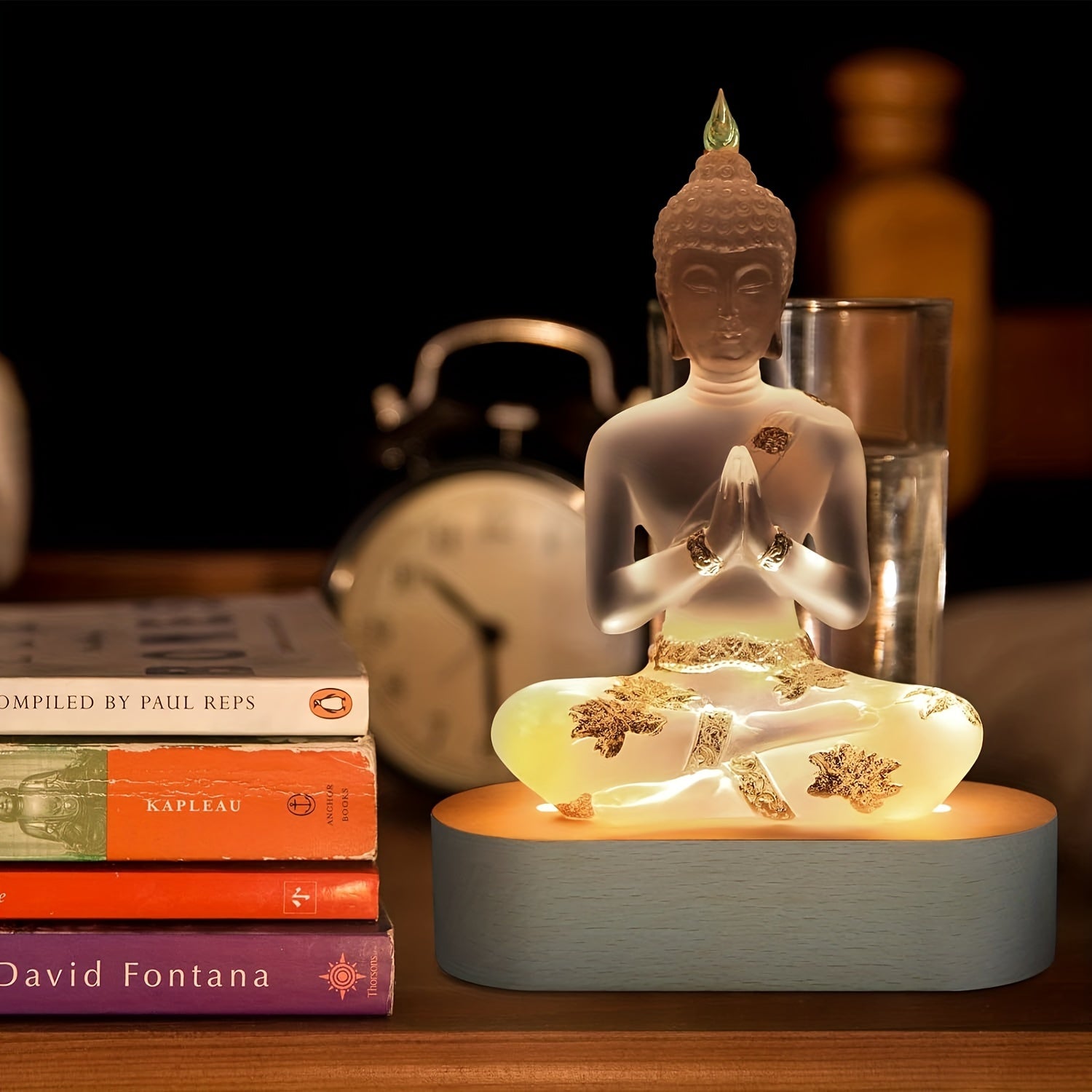 Buddha Statue with LED Light Base, 7'' Seated Small Figurine Collectibles Meditation Decor, Transparent Sculpture Ornaments for Spiritual Living Room, Yoga Zen, Home Decoration