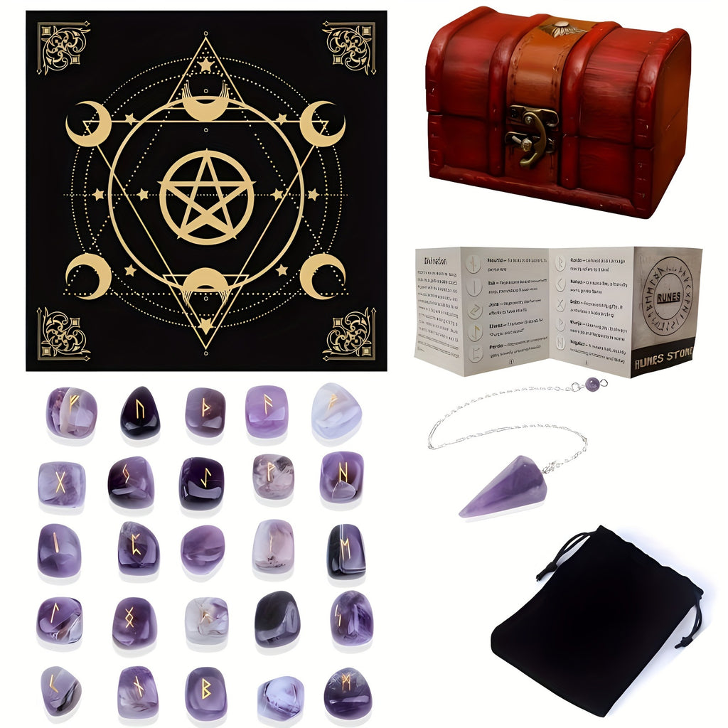 A Nordic Rune Set Featuring Crystal Rune Stones, Including 25 Rune Stones, a Pendant, And a Carved Wooden Board. Elegant And Exquisite
