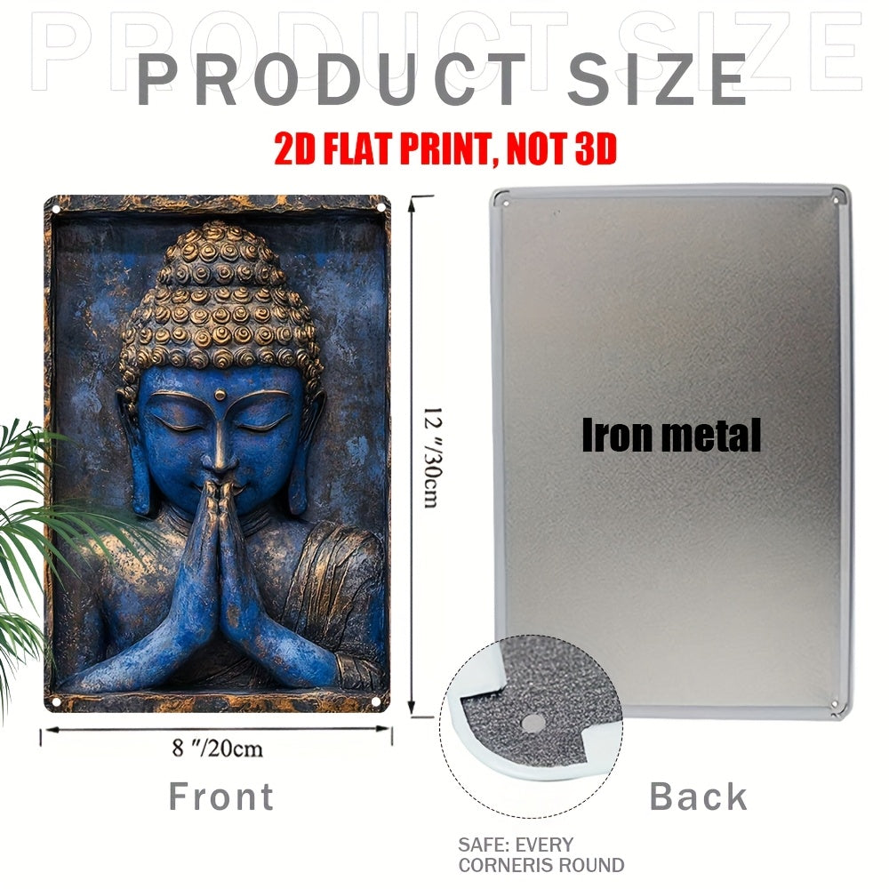 2D Flat, 1pc, 2D Flat Retro Blue Buddha Statue Prayer Hand Metal Wall Art, 8X12 Inches, Metal Plaque Decorative Medal and Statue Printing, Suitable for Yacht, Living Room, Fitness, Home Furnishings, Courtyard, Coffee Shop Wal