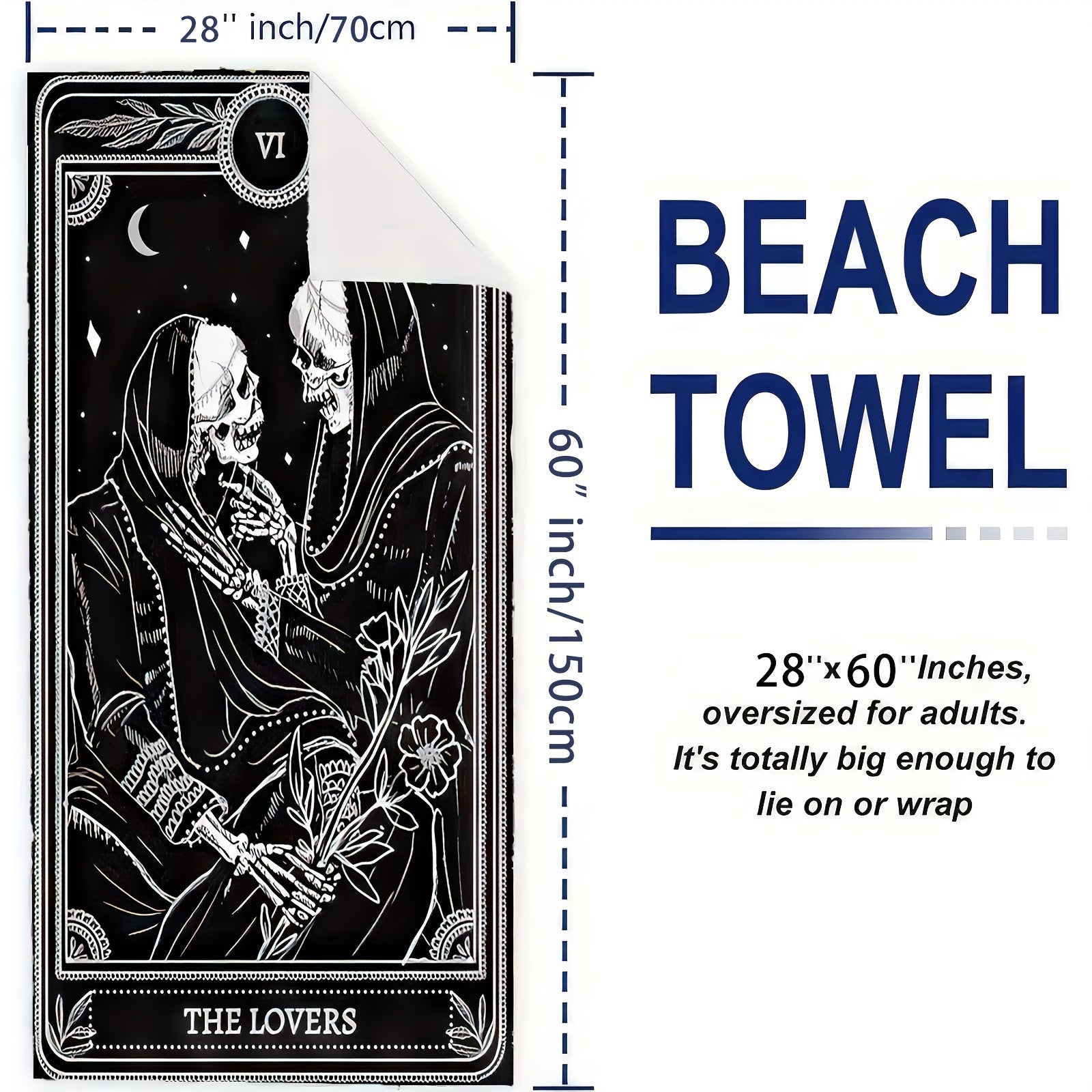 Vibrant Bohemian Skull Tarot Beach Towel - Soft, Quick-Dry, Super Absorbent, 100% Polyester Knit Fabric, High Color Fastness, Oblong Shape, Cartoon Theme, 240gsm, Ideal for Swimming, Bath, Camping, Unisex