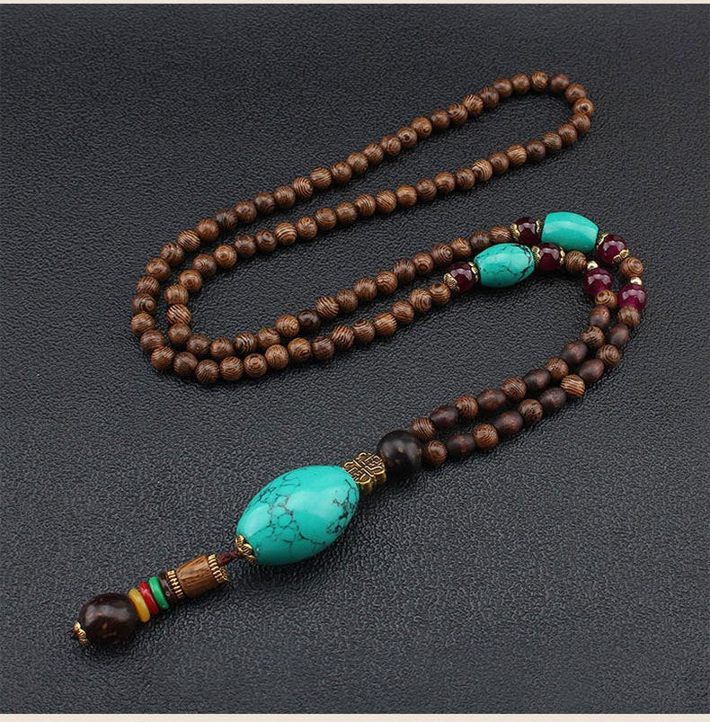 Bohemian Ethnic Wooden Buddha Bead Necklace for Men & Women - Natural Wood & Water Buffalo Turquoise Beads, Handcrafted Retro Unisex Jewelry for Daily Wear, Vacations, Unique Gift Idea