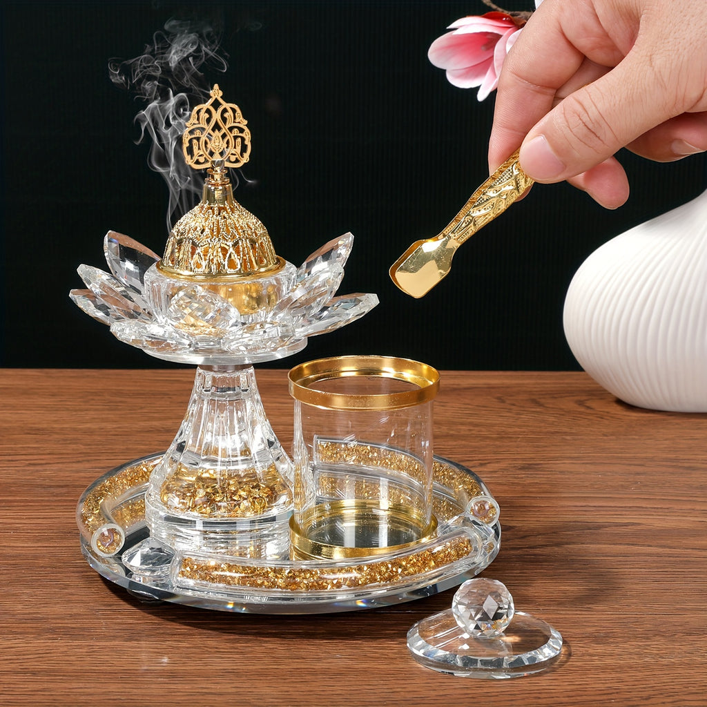 [Home Wedding Ramadan] 4pcs Crystal for Lotus Glass Incense Holder Set, Luxury Diamond Muslim Censers Sticks Hold for Home Wedding Ramadan Decoration, 2024